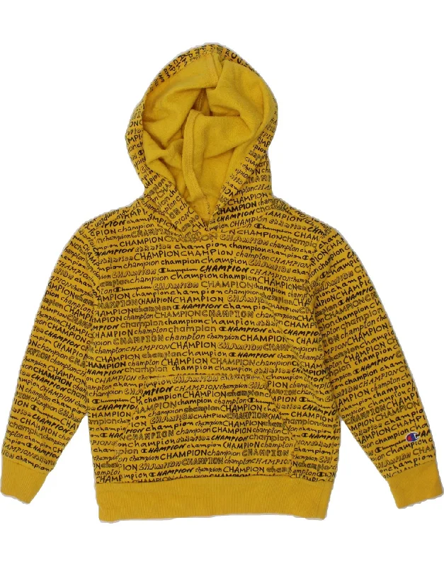 men's printed pullover hoodies -CHAMPION Boys Graphic Hoodie Jumper 4-5 Years Yellow Cotton