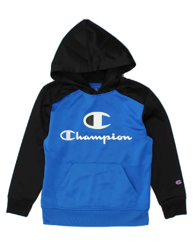 men's comfy oversized hoodies -CHAMPION Boys Graphic Hoodie Jumper 7-8 Years Blue Colourblock Polyester