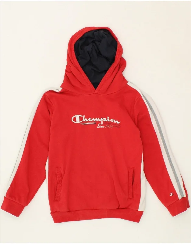 men's lightweight zip-up hoodies -CHAMPION Boys Graphic Hoodie Jumper 7-8 Years Small Red Colourblock Cotton