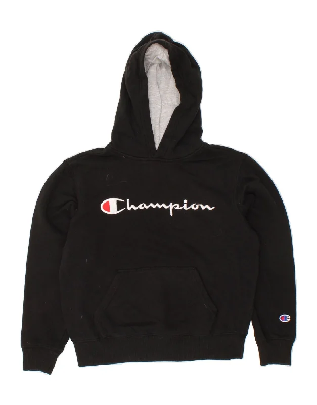 men's hoodie for cold weather -CHAMPION Boys Graphic Hoodie Jumper 9-10 Years Black Cotton