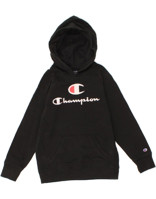 men's casual zip-up sweatshirts -CHAMPION Boys Graphic Hoodie Jumper 9-10 Years Medium  Black Cotton