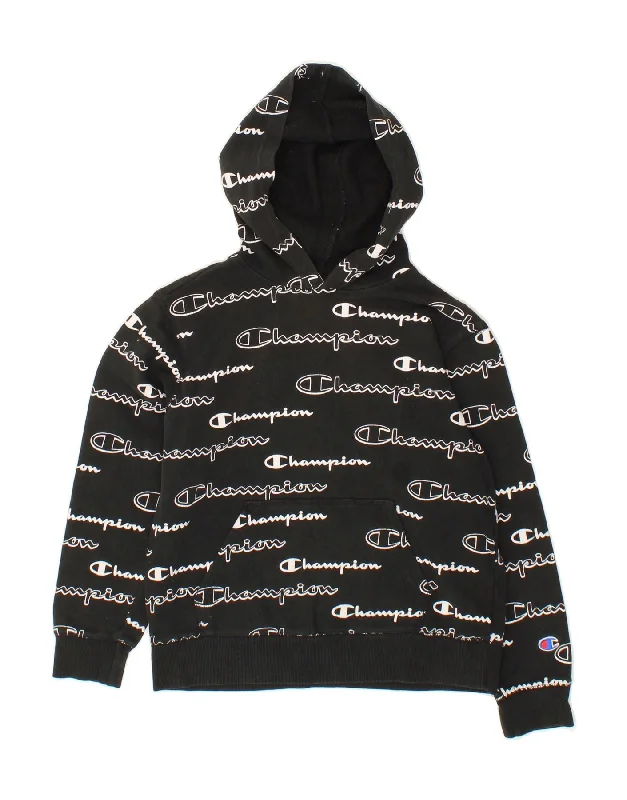 premium sweatshirts for men -CHAMPION Boys Graphic Hoodie Jumper 9-10 Years Medium Black Cotton