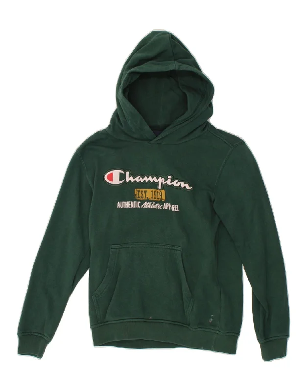 comfortable sweatshirts for men -CHAMPION Boys Graphic Hoodie Jumper 9-10 Years Medium Green Cotton