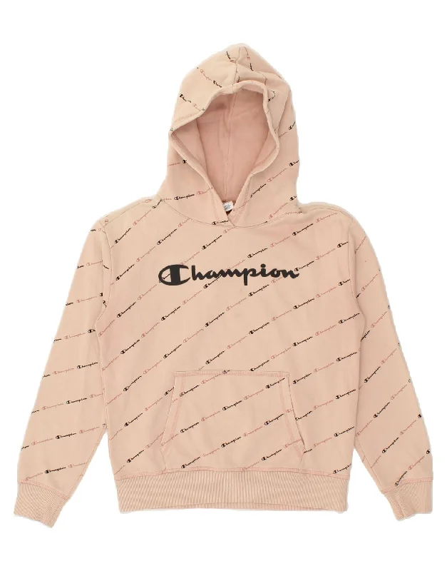 men's hoodie for cold weather -CHAMPION Girls Abstract Pattern Graphic Hoodie Jumper 13-14 Years XL Beige