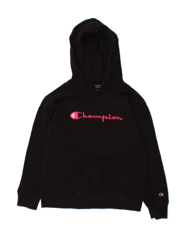 men's oversized sweatshirts for cold weather -CHAMPION Girls Graphic Hoodie Jumper 11-12 Years Large Black Cotton