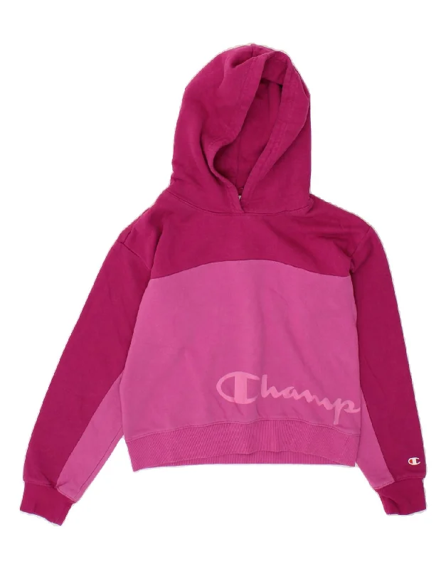 men's hoodies with quotes -CHAMPION Girls Graphic Hoodie Jumper 11-12 Years Large Pink Colourblock