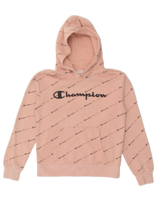 men's solid color sweatshirts -CHAMPION Girls Graphic Hoodie Jumper 11-12 Years Large Pink Cotton