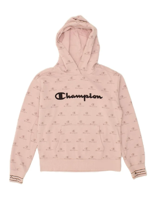 men's hoodie with unique prints -CHAMPION Girls Graphic Hoodie Jumper 11-12 Years Large Pink Cotton