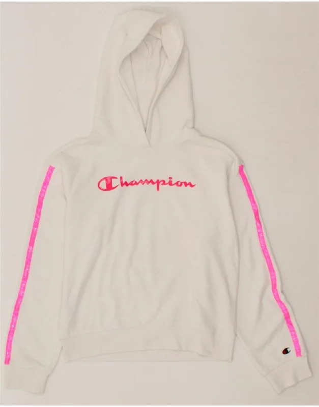 men's thick pullover hoodies -CHAMPION Girls Graphic Hoodie Jumper 11-12 Years Large  White Cotton