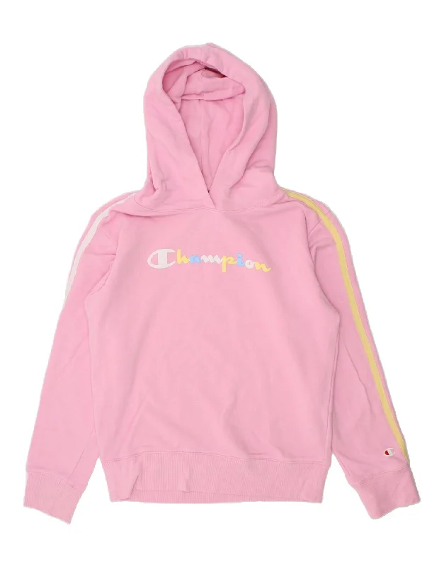 men's stylish sports hoodies -CHAMPION Girls Graphic Hoodie Jumper 9-10 Years Medium Pink Cotton