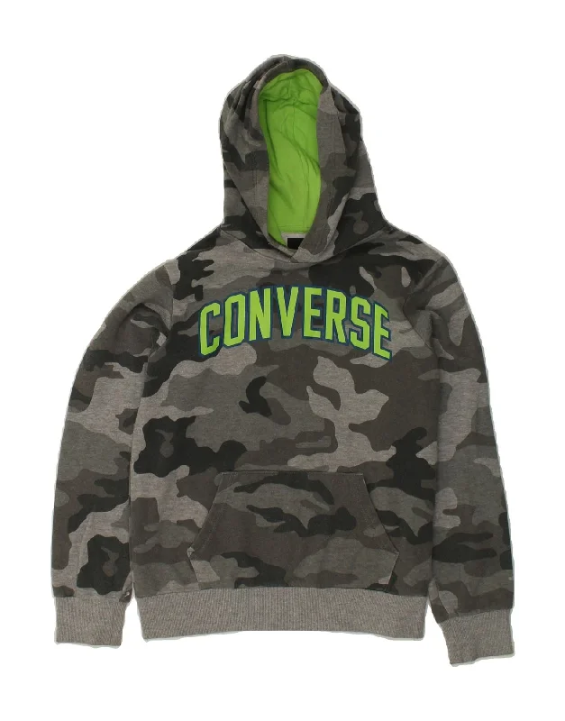 men's hoodie with drawstrings -CONVERSE Boys Graphic Hoodie Jumper 12-13 Years Large Grey Camouflage