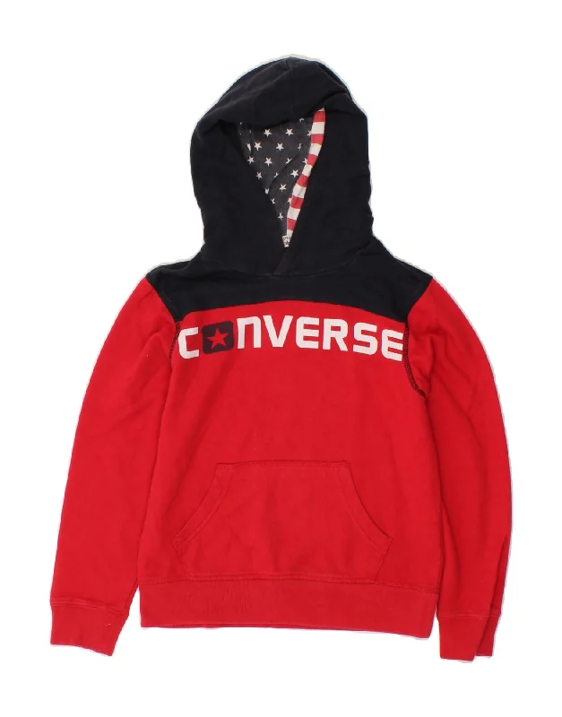 men's zip-up hoodies -CONVERSE Boys Graphic Hoodie Jumper 7-8 Years Red Colourblock Cotton