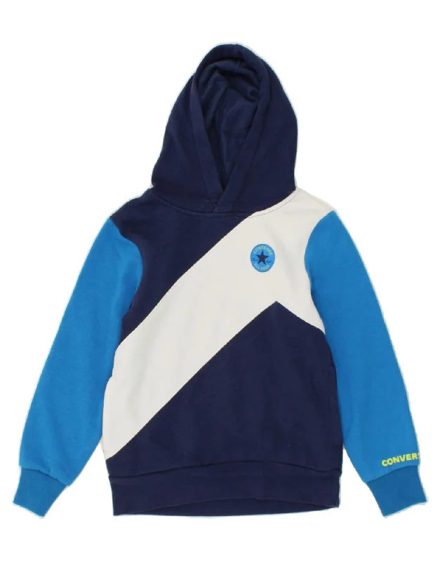 trendy graphic sweatshirts for men -CONVERSE Boys Hoodie Jumper 8-9 Years Small Navy Blue Colourblock Cotton