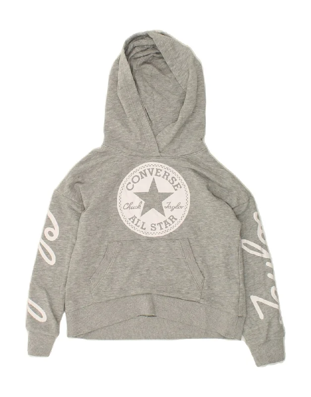 men's hoodie with prints -CONVERSE Girls Crop Graphic Hoodie Jumper 8-9 Years Small Grey Cotton