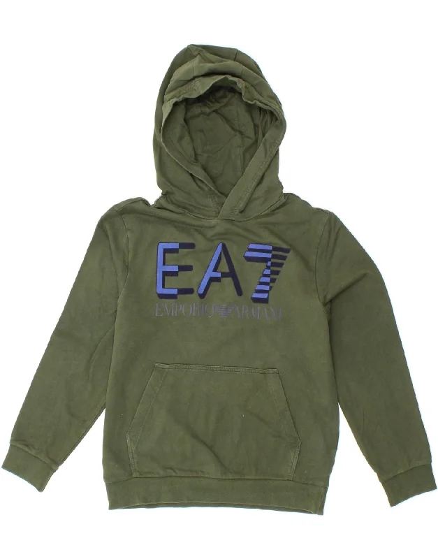 men's oversized sweatshirts for cold weather -EMPORIO ARMANI Boys Graphic Hoodie Jumper 11-12 Years Green Cotton