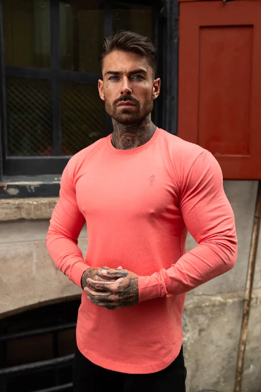 men's workout t-shirts -Father Sons Classic Coral Tonal Curved Hem Long Sleeve Crew T Shirt - FSH1000