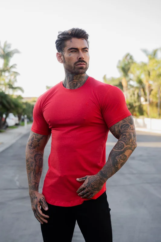 men's printed casual t-shirts -Father Sons Classic Red Curved Hem Crew T Shirt - FSH1156