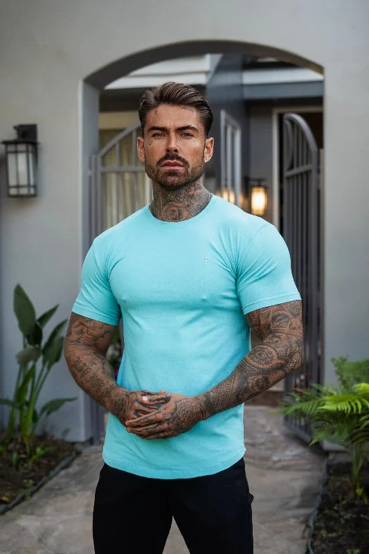 men's lightweight summer t-shirts -Father Sons Classic Turquoise Curved Hem Crew T Shirt - FSH1153