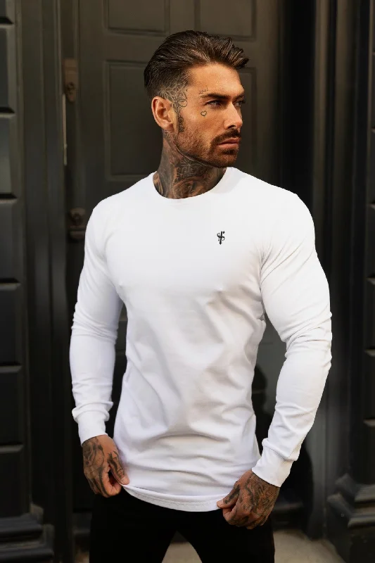 men's stylish casual t-shirts -Father Sons Classic White / Black Tonal Curved Hem Long Sleeve Crew T Shirt - FSH996