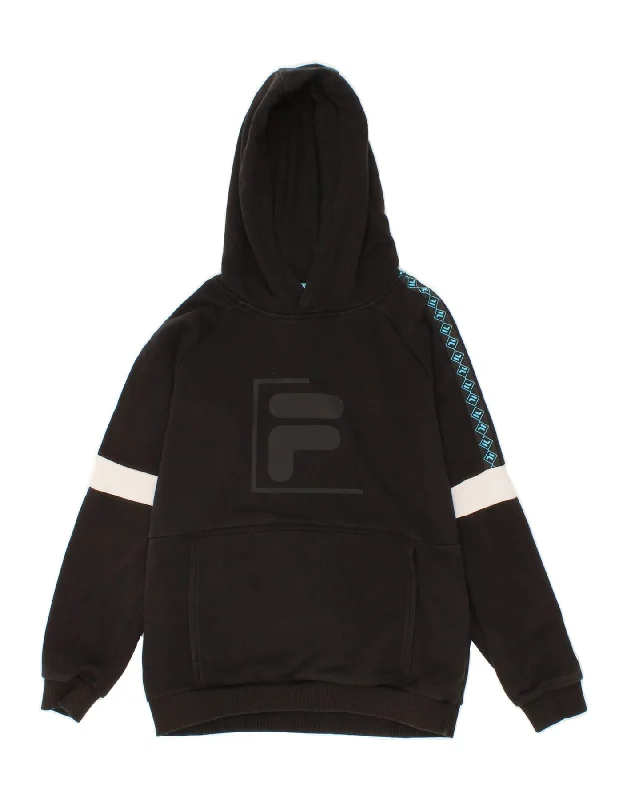 men's fashion sweatshirts -FILA Boys Graphic Hoodie Jumper 11-12 Years Black Colourblock Cotton