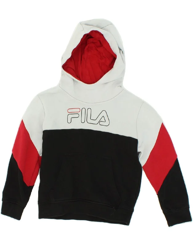 men's fleece zip-up hoodies -FILA Boys Graphic Hoodie Jumper 5-6 Years Multicoloured Colourblock Cotton