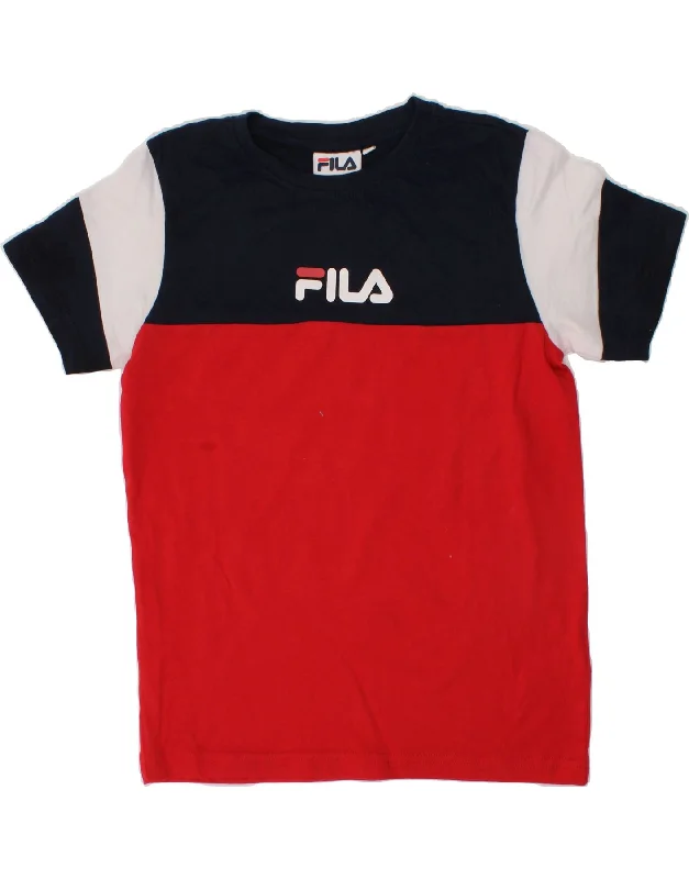 men's v-neck t-shirts -FILA Boys Graphic T-Shirt Top 7-8 Years Red Colourblock Cotton