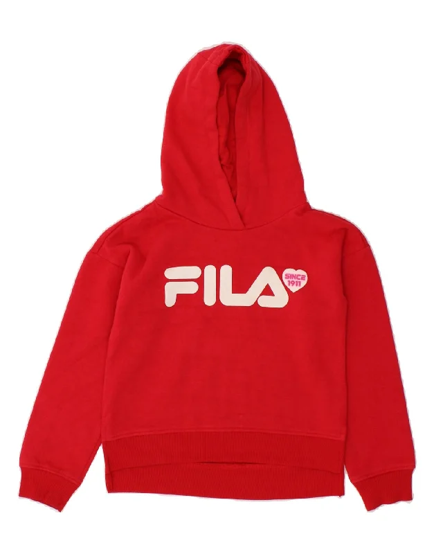 men's hoodie sweatshirts with designs -FILA Girls Graphic Hoodie Jumper 7-8 Years Small  Red Cotton