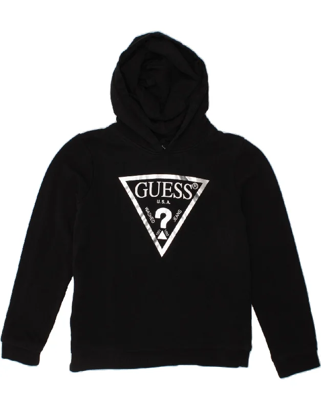 men's hoodie with logo prints -GUESS Girls Graphic Hoodie Jumper 9-10 Years Black Cotton