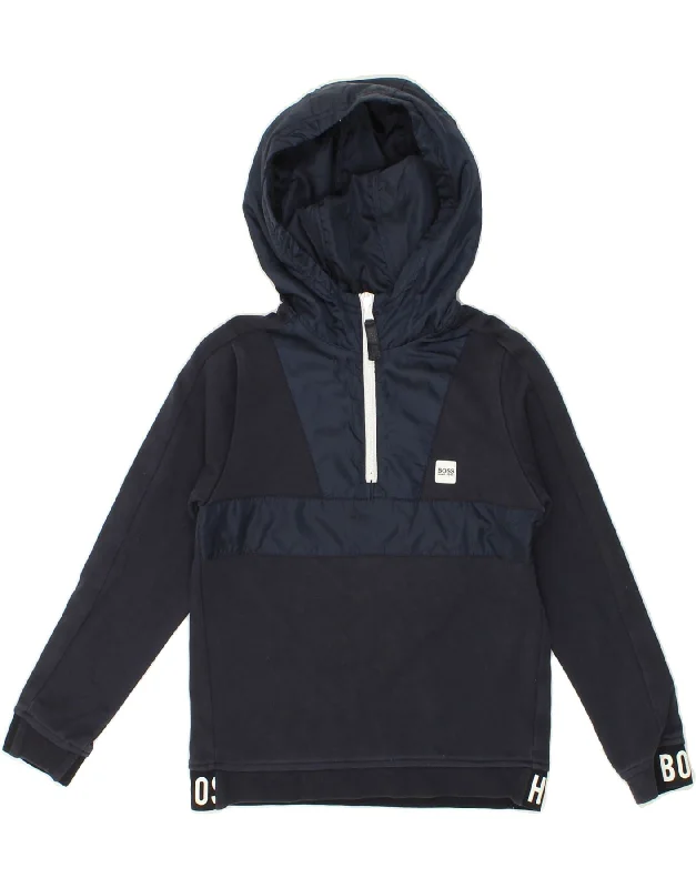 trendy hoodies for men -HUGO BOSS Boys Zip Neck Hoodie Jumper 7-8 Years Navy Blue Cotton