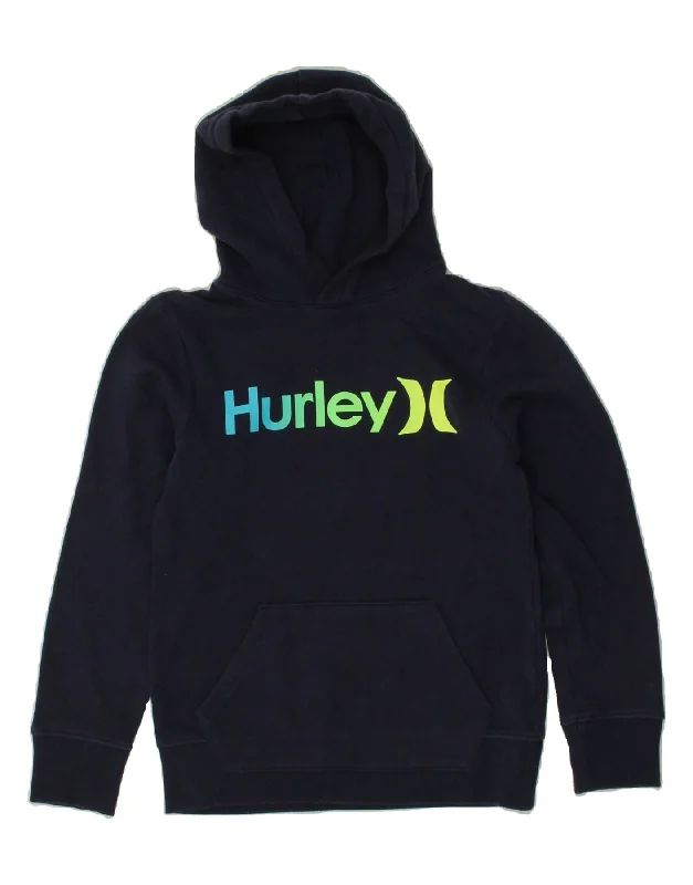 men's cool graphic sweatshirts -HURLEY Boys Graphic Hoodie Jumper 10-11 Years Medium  Navy Blue Cotton