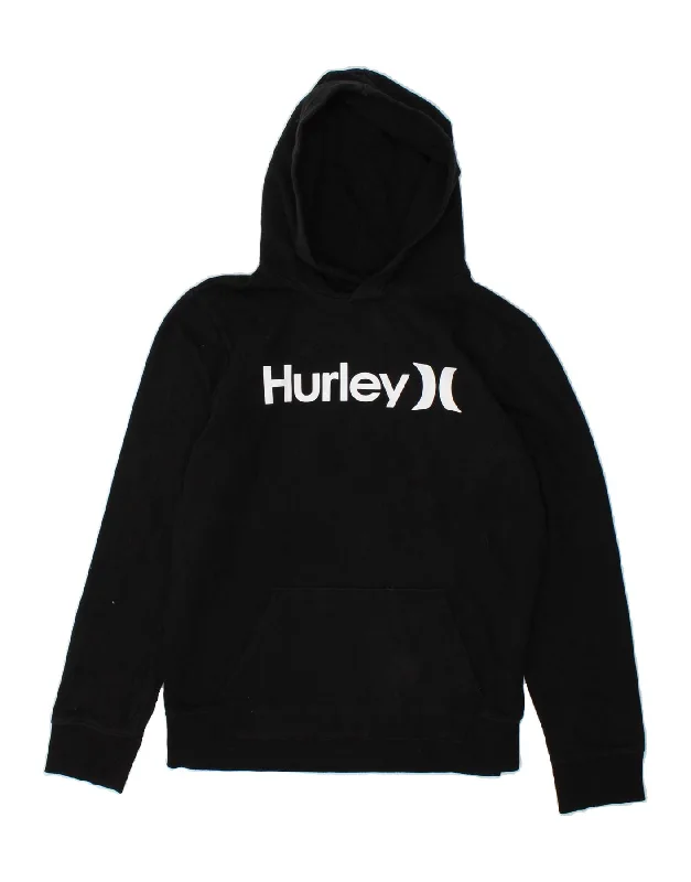 men's pullover hoodie with pockets -HURLEY Boys Graphic Hoodie Jumper 15-16 Years Black Cotton