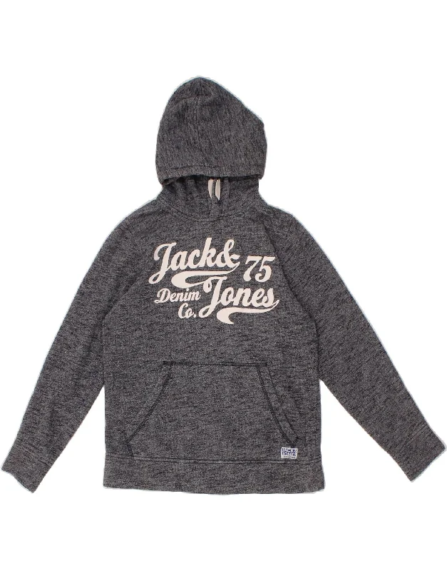 men's zip hoodie with high collar -JACK & JONES Boys Graphic Hoodie Jumper 13-14 Years Grey Flecked Polyester