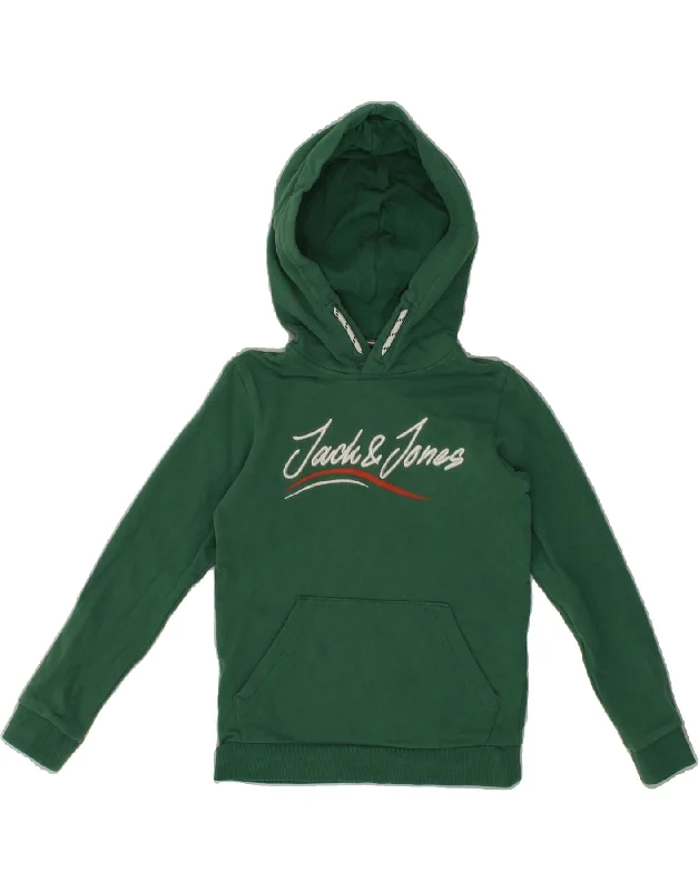 men's long sleeve hoodies -JACK & JONES Boys Graphic Hoodie Jumper 7-8 Years Green Cotton