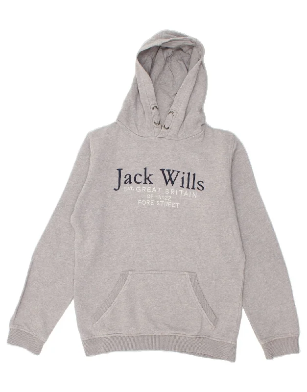 men's hoodie with logo prints -JACK WILLS Boys Graphic Hoodie Jumper 12-13 Years  Grey Cotton