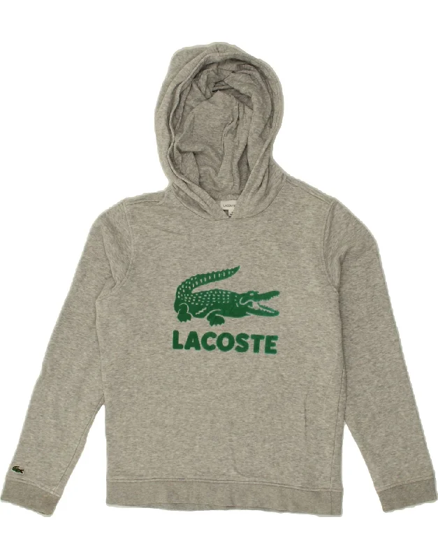 men's hoodies with logos -LACOSTE Girls Graphic Hoodie Jumper 11-12 Years Grey Cotton