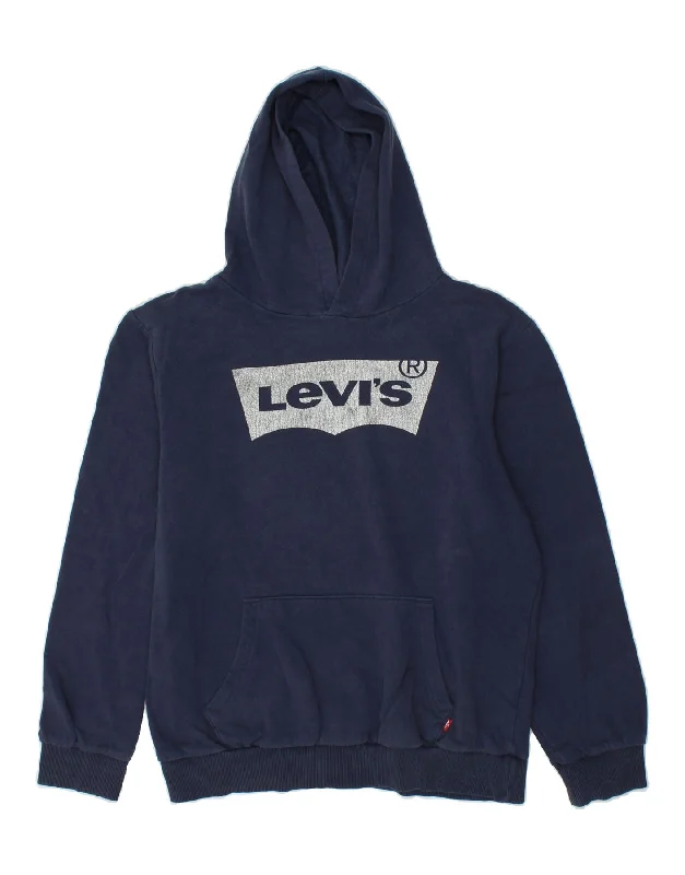 men's fleece zip-up hoodies -LEVI'S Boys Graphic Hoodie Jumper 13-14 Years XL  Navy Blue Cotton