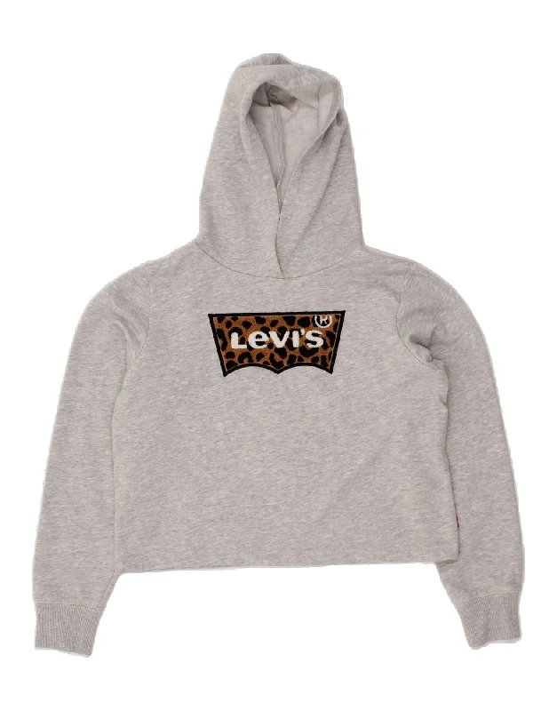 men's hoodie for layering in winter -LEVI'S Girls Crop Graphic Hoodie Jumper 13-14 Years XL Grey Cotton