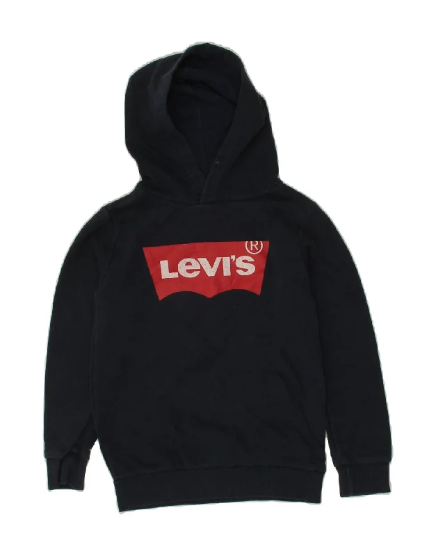 men's hoodie with zip pockets -LEVI'S Girls Graphic Hoodie Jumper 9-10 Years Medium Navy Blue Cotton