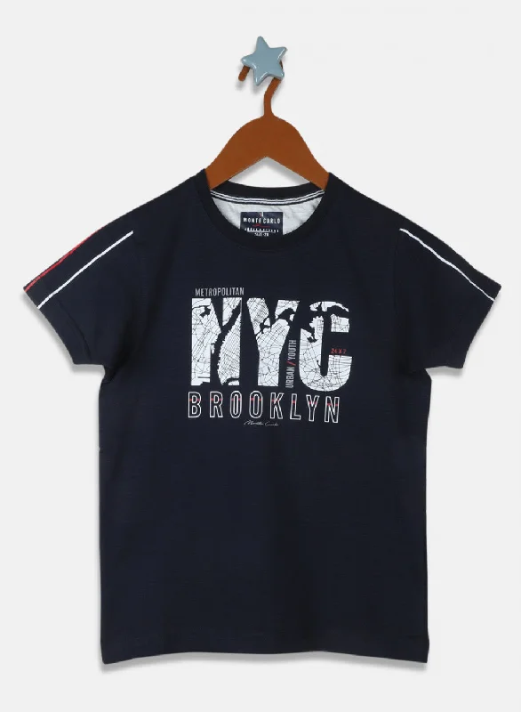 slim fit t-shirts for men -Boys Navy Blue Printed T-Shirt