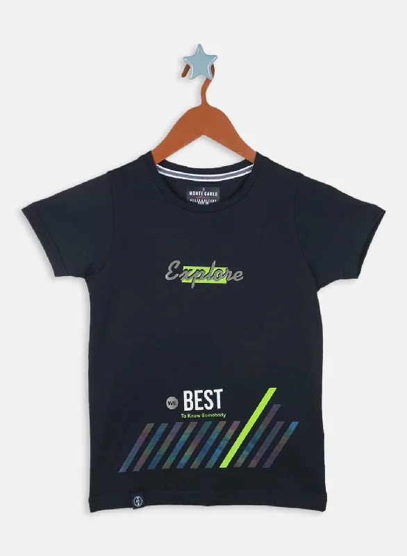 printed cotton t-shirts -Boys Navy Blue Printed T-Shirt