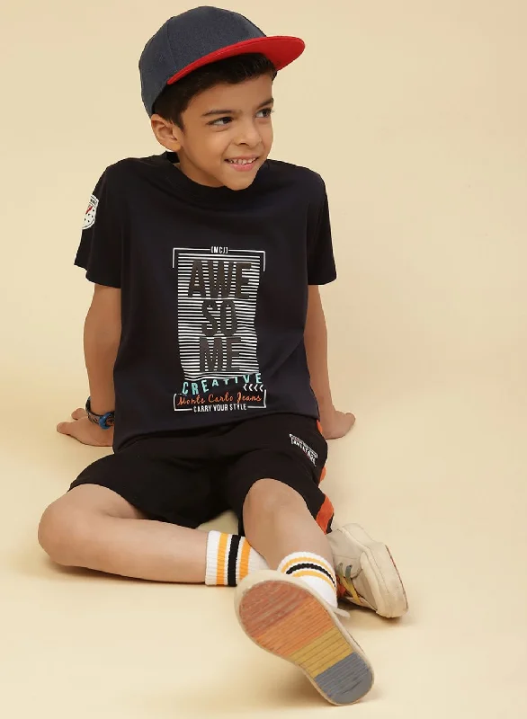 men's minimalist t-shirts -Boys Navy Blue Printed T-Shirt