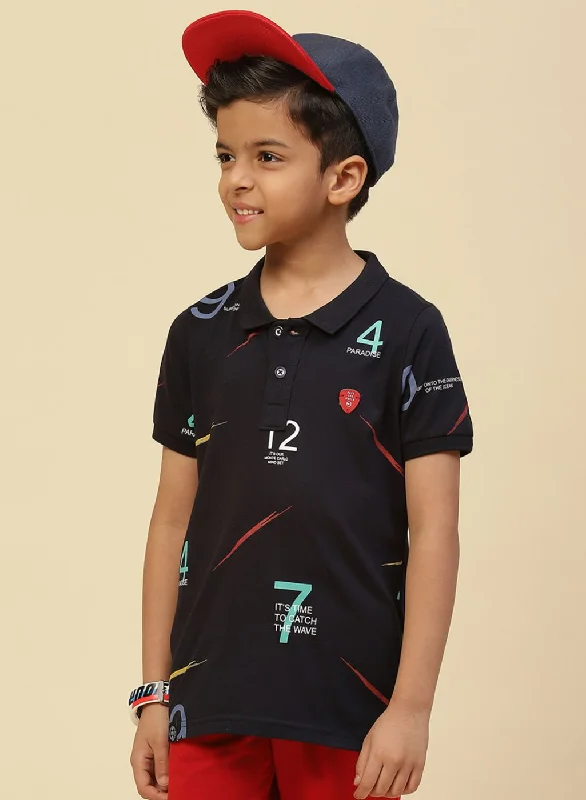 men's premium cotton t-shirts -Boys Navy Blue Printed T-Shirt