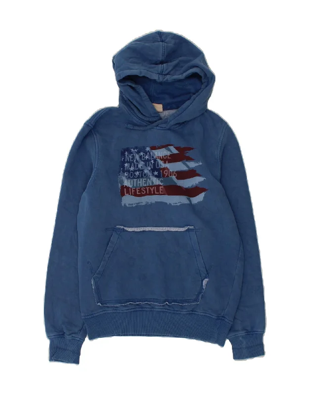 men's hoodie with zip pockets -NEW BALANCE Boys Graphic Hoodie Jumper 15-16 Years Small Navy Blue Cotton