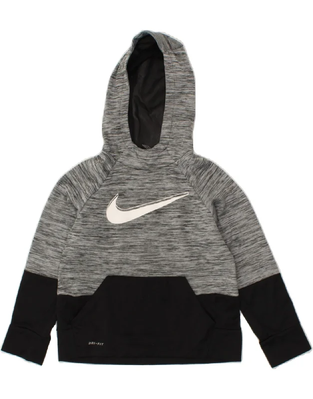 men's hoodie with drawstrings -NIKE Boys Dri Fit Graphic Hoodie Jumper 8-9 Years Small Grey Colourblock