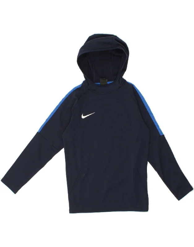 men's hoodie for gym workouts -NIKE Boys Dri Fit Hoodie Jumper 10-11 Years Medium Navy Blue Colourblock