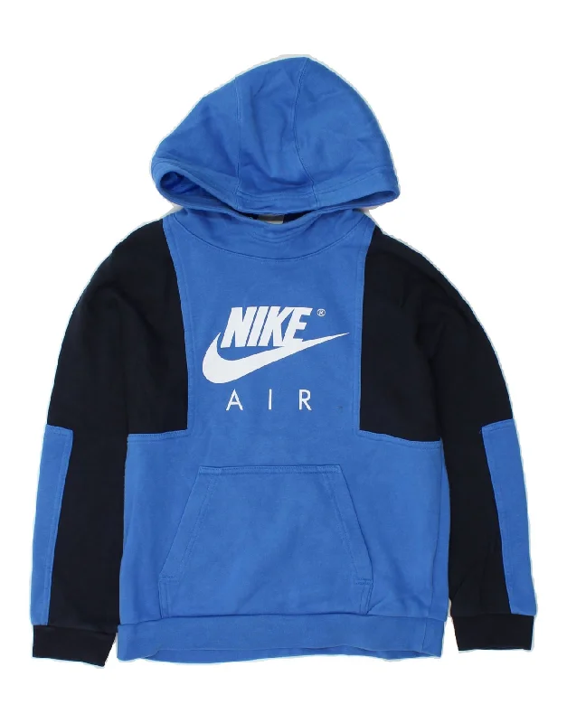 men's pullover hoodie with pockets -NIKE Boys Graphic Hoodie Jumper 10-11 Years Medium Blue Colourblock Cotton