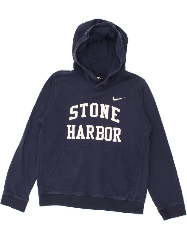 men's hoodie for layering in winter -NIKE Boys Graphic Hoodie Jumper 12-13 Years Large  Navy Blue Cotton