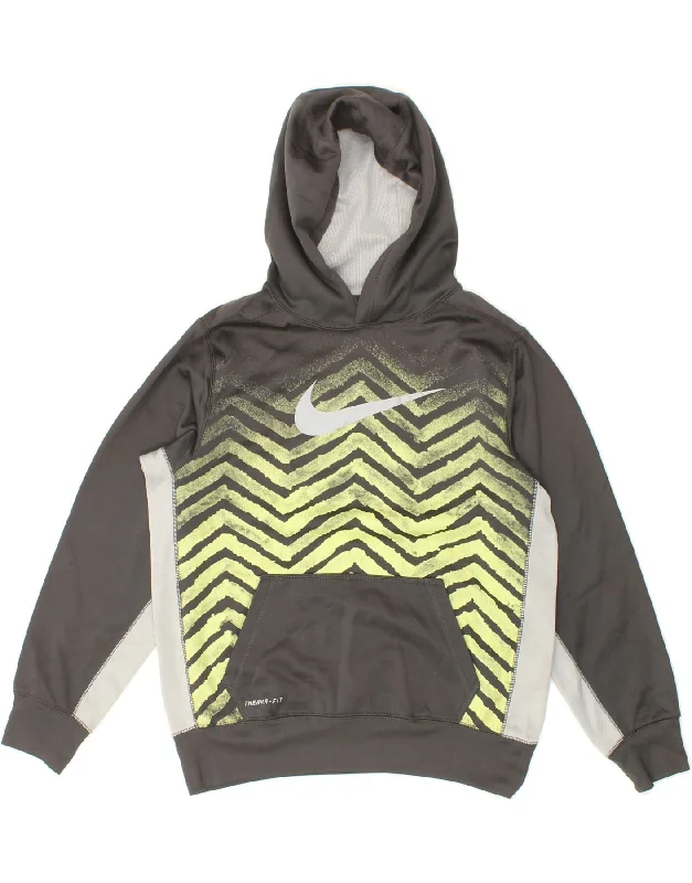 men's workout hoodies -NIKE Boys Graphic Hoodie Jumper 13-14 Years XL Grey Colourblock Polyester