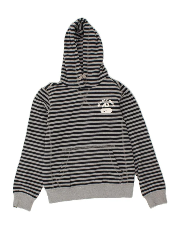 men's basic sweatshirts -NIKE Boys Hoodie Jumper 8-9 Years Small  Grey Striped Cotton