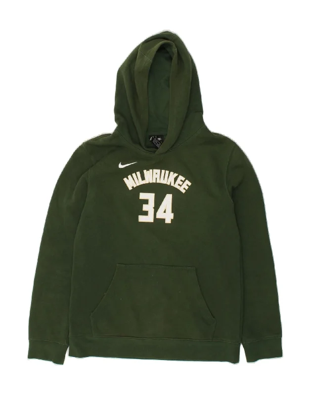 men's hoodie with pockets -NIKE Boys Milwaukee 34 Graphic Hoodie Jumper 13-14 Years XL Green Cotton